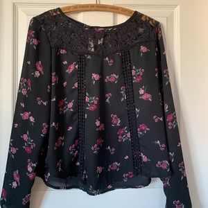 Black Lace Blouse with Purple Roses